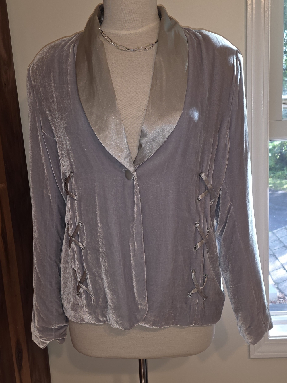 Pamela McCoy Steel Blue/Gray Velvet Satin Shawl-Collar Jacket